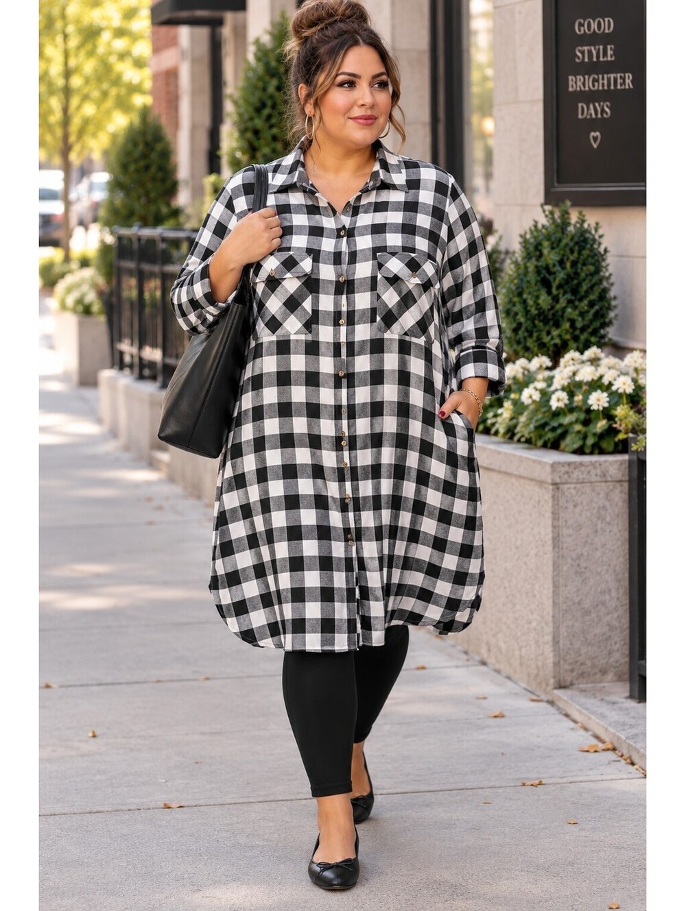 Terra & Sky 4X Black White Buffalo Plaid Button Front Shirt Dress Tunic